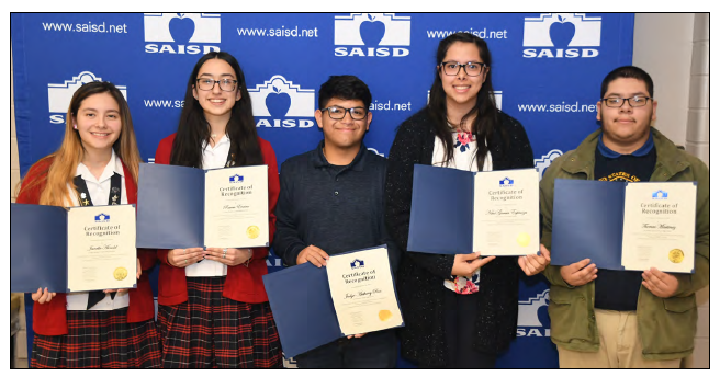 Janelle Arnold and Raven Encino of Young Women’s Leadership Academy, Judge-Anthony Rios and Nikol Garcia Espinoza of Travis Early College High School, Thomas Martinez of St. Philip’s Early College High School and Jose Martinez of Edison High School (not pictured) are this year’s Class of 2019 National Hispanic Recognition Program (NHRP) Scholars.