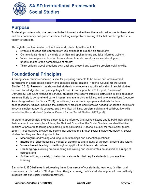 first page of the social studies instructional framework