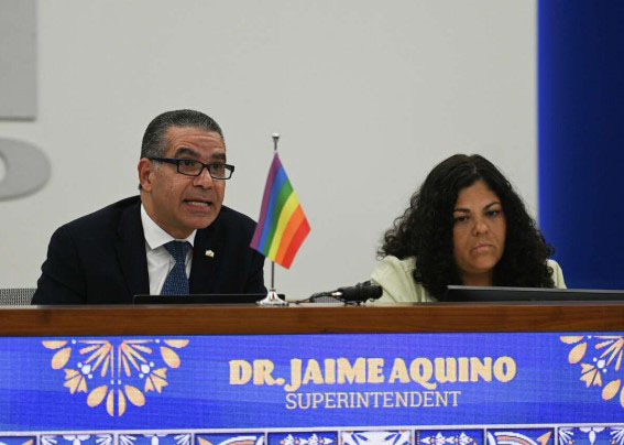 SAISD Superintendent Jaime Aquino and School Board President Christina Martinez at School Board meeting