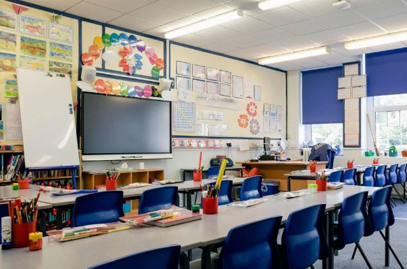 A classroom with no students in it