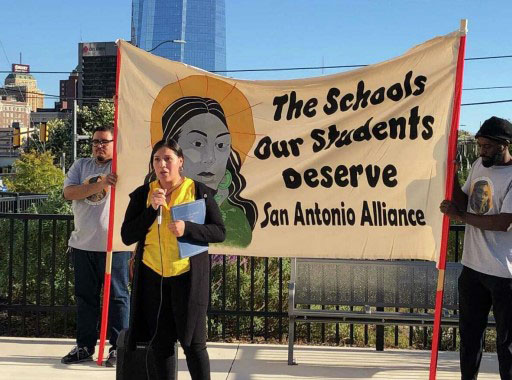 San Antonio City Council Member Teri Castillo speaking on before protesting families