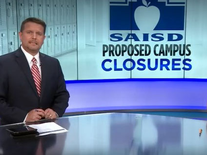 KSAT anchor in front of SAISD logo