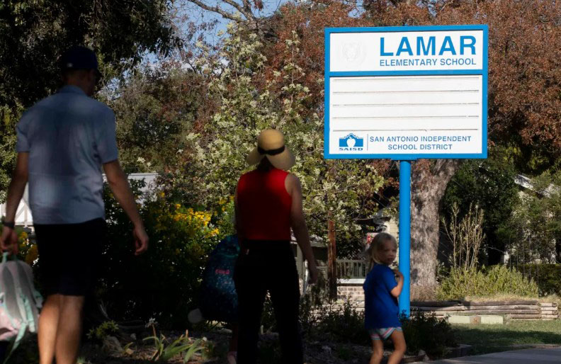 Parents in front of Lamar Elementary School