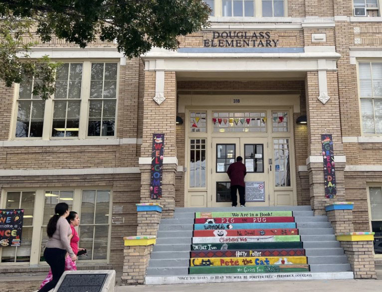 Stairs leading to the front door of a school