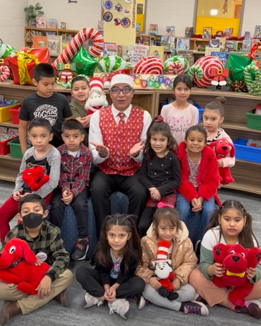students in festive library